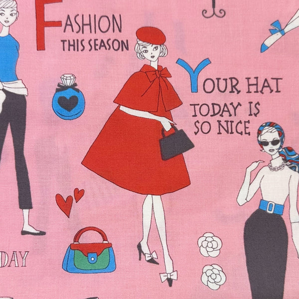 Close up of Retro Fashionistas cotton fabric in pink featuring 1960s-era fashion ladies by Miyako Kawaguchi for Kei Fabrics