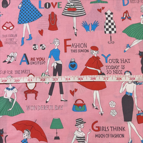 scale of Retro Fashionistas cotton fabric in pink featuring 1960s-era fashion ladies by Miyako Kawaguchi for Kei Fabrics