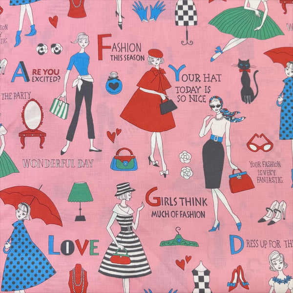 Retro Fashionistas cotton fabric in pink featuring 1960s-era fashion ladies by Miyako Kawaguchi for Kei Fabrics