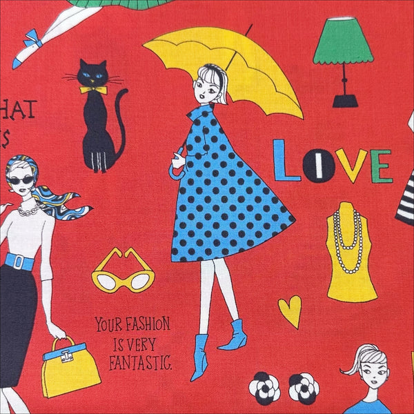 Close up of Retro Fashionistas cotton fabric in red featuring 1960s-era fashion ladies by Miyako Kawaguchi for Kei Fabrics