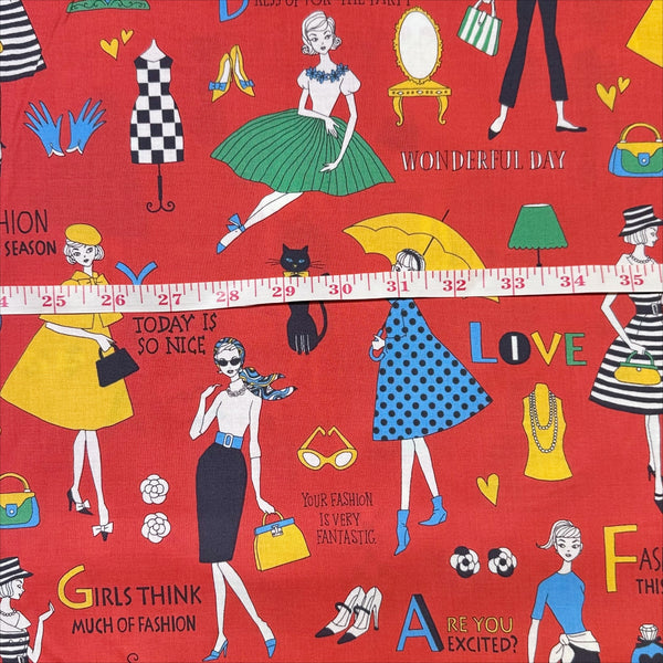 Scale of Retro Fashionistas cotton fabric in red featuring 1960s-era fashion ladies by Miyako Kawaguchi for Kei Fabrics