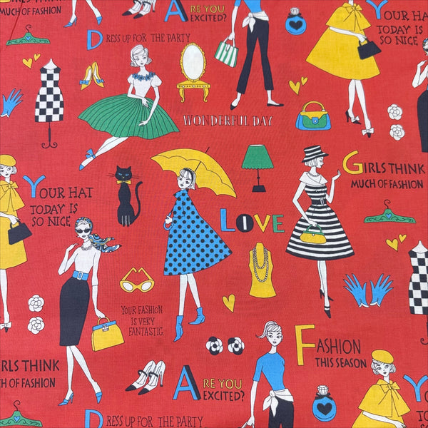 Retro Fashionistas cotton fabric in red featuring 1960s-era fashion ladies by Miyako Kawaguchi for Kei Fabrics