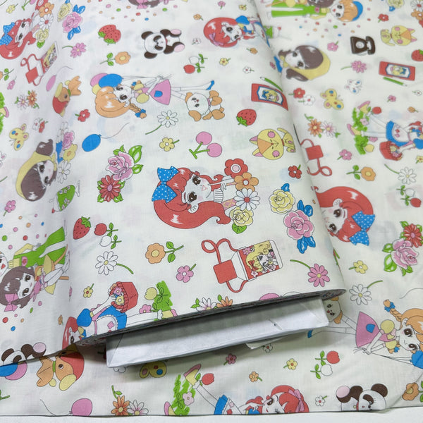 Bolt of Retro kawaii cotton fabric in white with cute animals and girls by Saori Oguchi