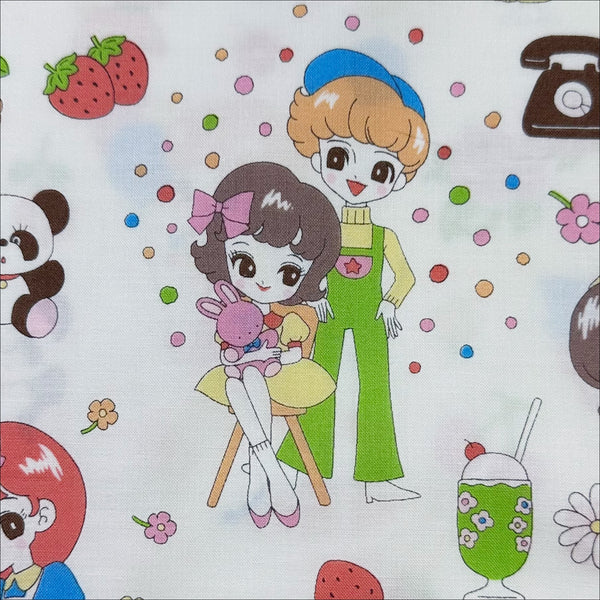 Close up of Retro kawaii cotton fabric in white with cute animals and girls by Saori Oguchi
