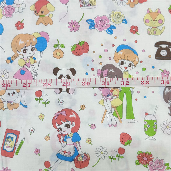 Scale of Retro kawaii cotton fabric in white with cute animals and girls by Saori Oguchi