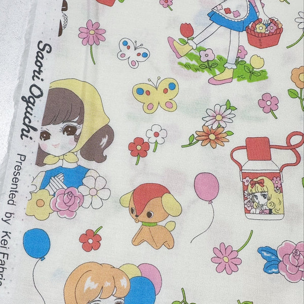 Selvage of Retro kawaii cotton fabric in white with cute animals and girls by Saori Oguchi
