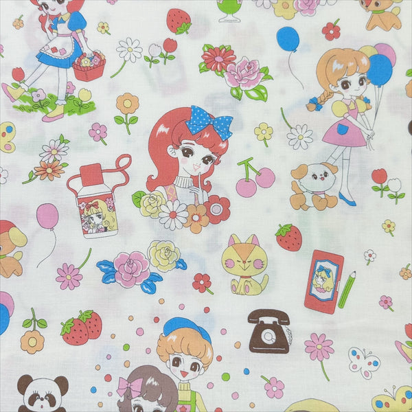 Retro kawaii cotton fabric in white with cute animals and girls by Saori Oguchi