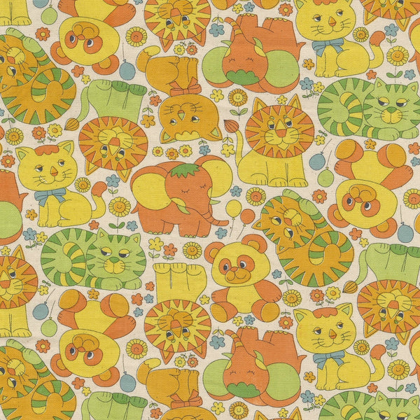 Close up of Retro School Animals cotton oxford fabric by Kokka Japan featuring charming vintage-style animal illustrations