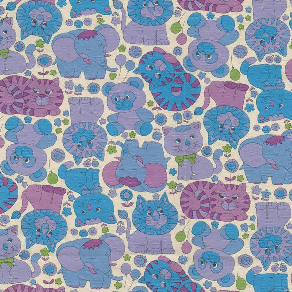 Close up of Retro School Animals cotton oxford fabric by Kokka Japan featuring charming vintage-style animal illustrations