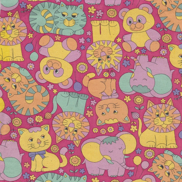 Close up of Retro School Animals cotton oxford fabric by Kokka Japan featuring playful vintage-style animal illustrations