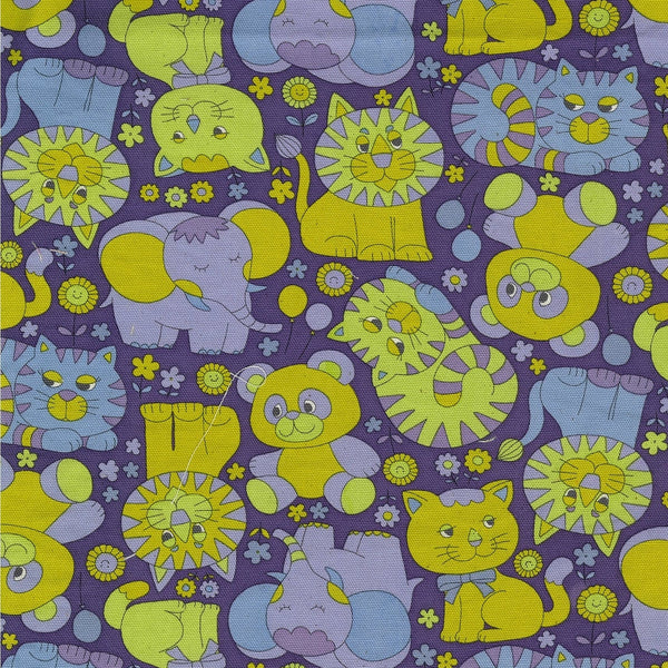 Close up of Retro School Animals cotton oxford fabric by Kokka Japan featuring charming vintage-style animal illustrations