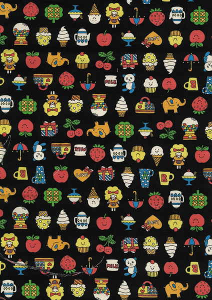 Retro School Cotton Oxford Fabric in Black by Kokka – playful motifs of fruit, sweet treats, animals, and children on mid-weight cotton Oxford, perfect for apparel, bags, and accessories, Japanese Import