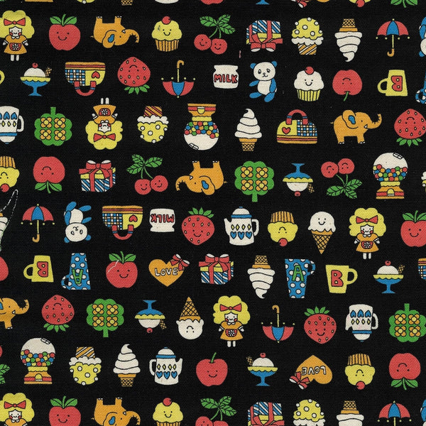 Close up of Retro School Cotton Oxford Fabric in Black by Kokka – playful motifs of fruit, sweet treats, animals, and children on mid-weight cotton Oxford, perfect for apparel, bags, and accessories, Japanese Import
