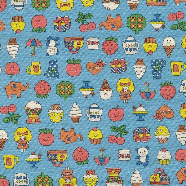 close up of Retro School Cotton Oxford Fabric in Blue by Kokka – playful fruit, treats, animals, and children motifs on mid-weight cotton.