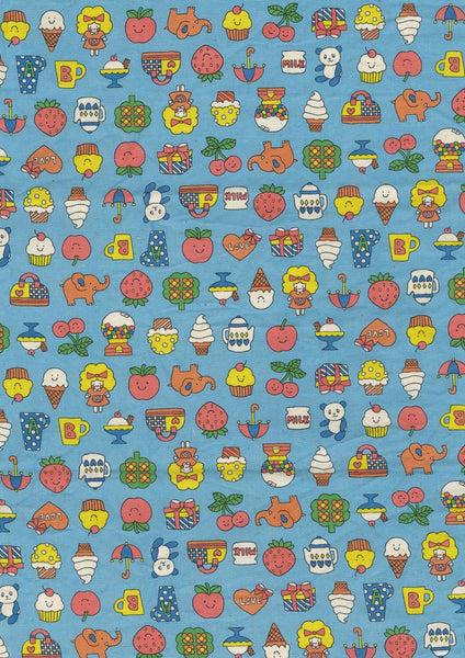 Retro School Cotton Oxford Fabric in Blue by Kokka – playful fruit, treats, animals, and children motifs on mid-weight cotton.