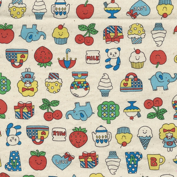 Close up of Retro School Cotton Oxford Fabric in Natural by Kokka – playful fruit, treats, animals, and children motifs on mid-weight cotton.