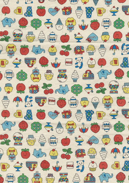 Retro School Cotton Oxford Fabric in Natural by Kokka – playful fruit, treats, animals, and children motifs on mid-weight cotton.