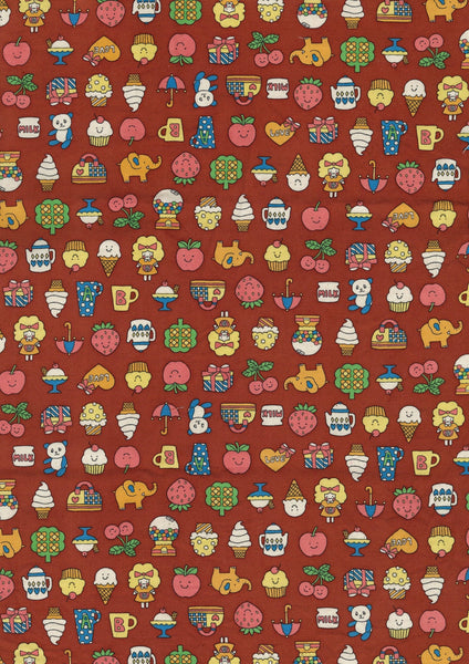 Retro School Cotton Oxford Fabric in Rust Red by Kokka – playful fruit, treats, animals, and children motifs on mid-weight cotton.