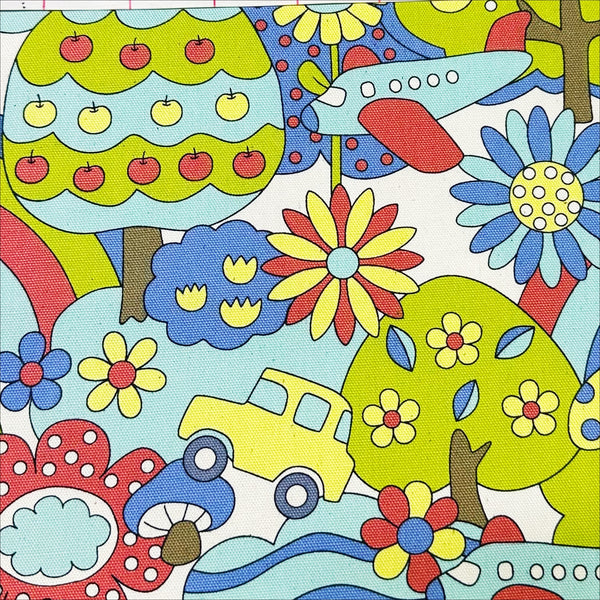 Close up of Retro School Rainbow Forest cotton Oxford fabric by Kokka