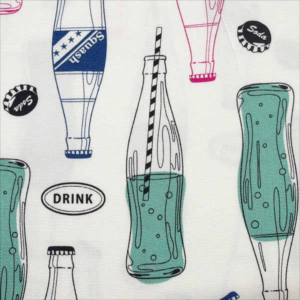 Close up of Retro Soda Bottle cotton fabric by Cosmo Textiles in white, AP61109-2