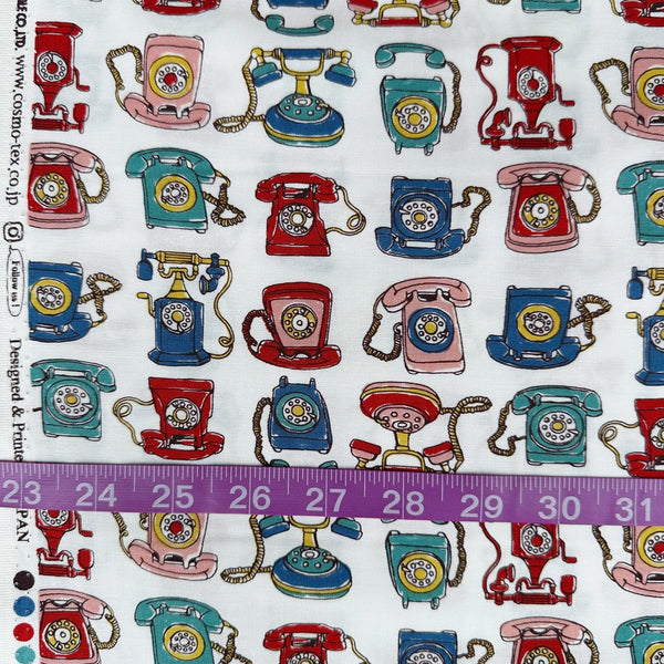 Scale of Retro Telephones cotton fabric by Cosmo Textiles in white, AP65904 2A