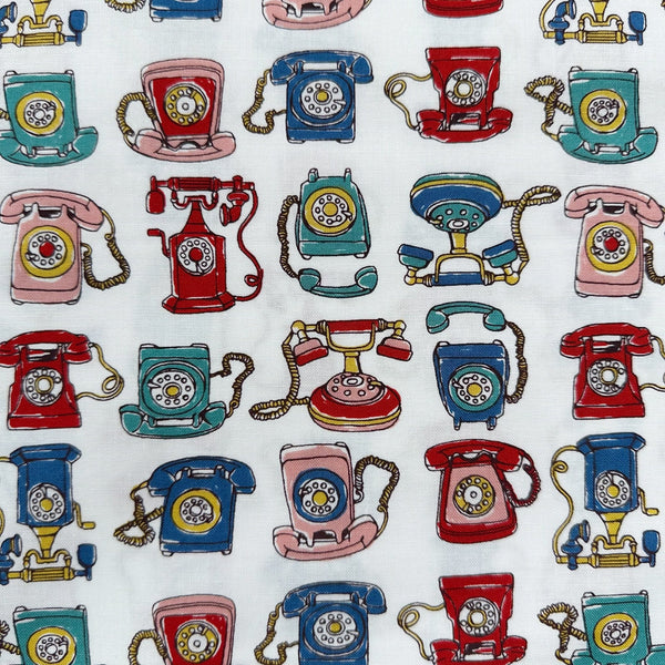 Retro Telephones cotton fabric by Cosmo Textiles in white, AP65904 2A