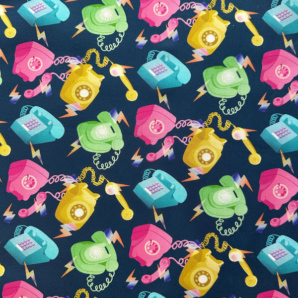 Ring, Ring cotton fabric by Nora featuring tossed vintage telephones on a blue background, imported from Japan