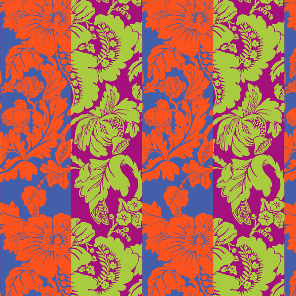 Romance in Hot cotton fabric by Kaffe Fassett Collective for FreeSpirit Fabrics featuring oversized floral blooms on a colorful striped background.