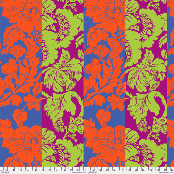 Scale of Romance in Hot cotton fabric by Kaffe Fassett Collective for FreeSpirit Fabrics featuring oversized floral blooms on a colorful striped background.