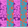 Romance in Warm cotton fabric by Kaffe Fassett Collective for FreeSpirit Fabrics featuring oversized floral blooms on a colorful striped background._scale