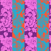 Romance in Warm cotton fabric by Kaffe Fassett Collective for FreeSpirit Fabrics featuring oversized floral blooms on a colorful striped background.