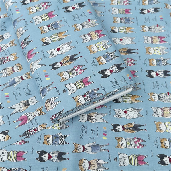 Bolt of Rough Sketch Cat Cotton fabric by Yuwa Fabrics, style SK829981-E, in blue