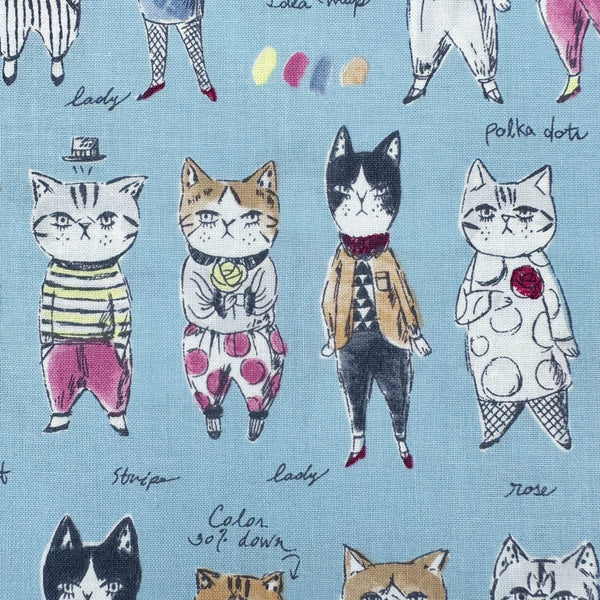 Close up of Rough Sketch Cat Cotton fabric by Yuwa Fabrics, style SK829981-E, in blue
