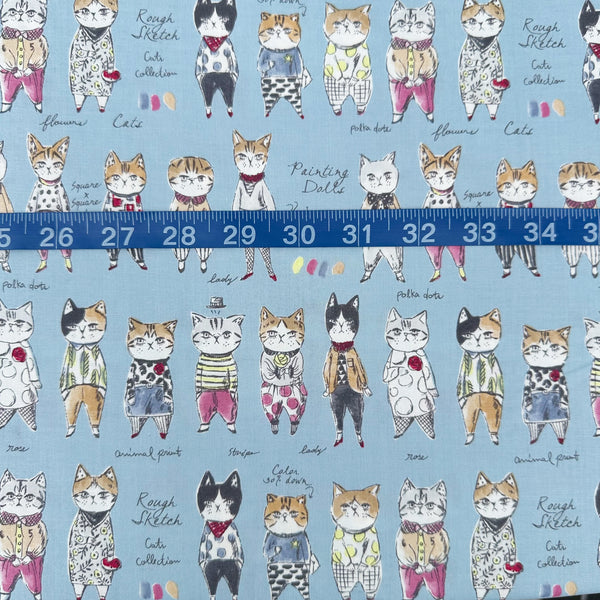 Scale of Rough Sketch Cat Cotton fabric by Yuwa Fabrics, style SK829981-E, in blue