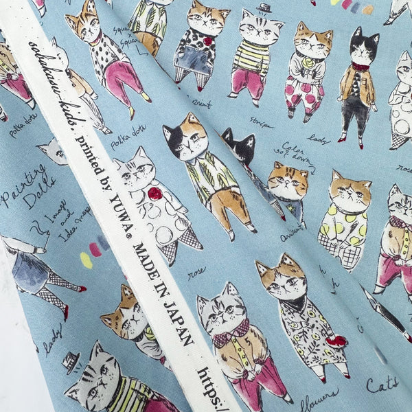 Selvage of Rough Sketch Cat Cotton fabric by Yuwa Fabrics, style SK829981-E, in blue