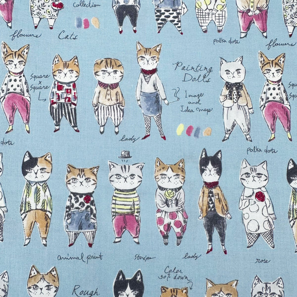 Rough Sketch Cat Cotton fabric by Yuwa Fabrics, style SK829981-E, in blue