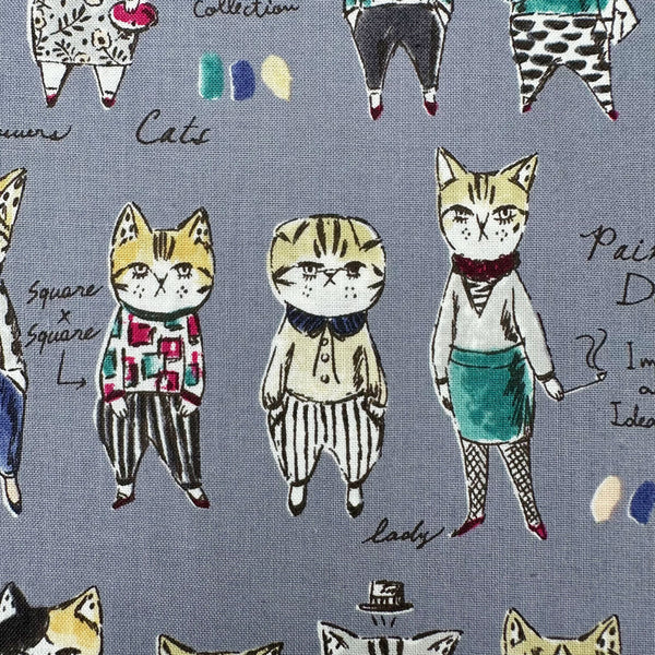 Close up of Rough Sketch Cat Cotton fabric by Yuwa Fabrics, style SK829981-B, in gray
