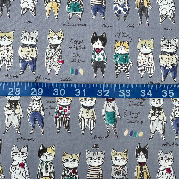 Scale of Rough Sketch Cat Cotton fabric by Yuwa Fabrics, style SK829981-B, in gray