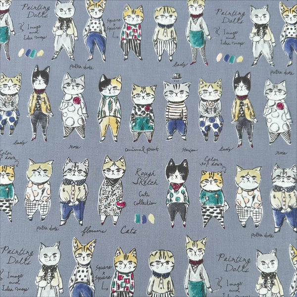 Rough Sketch Cat Cotton fabric by Yuwa Fabrics, style SK829981-B, in gray