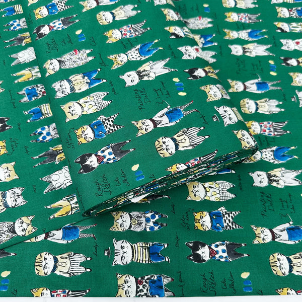 Bolt of Rough Sketch Cat Cotton fabric by Yuwa Fabrics, style SK829981-G, in green