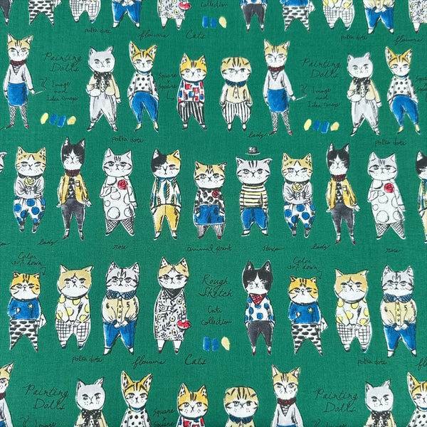 Rough Sketch Cat Cotton fabric by Yuwa Fabrics, style SK829981-G, in green