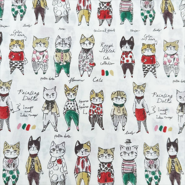 Rough Sketch Cat Cotton Fabric by Sobakasu-Kids for YUWA Fabrics featuring dapper cats wearing hats and ties on white Japanese cotton fabric