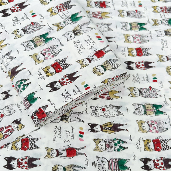Bolt of Rough Sketch Cat Cotton Fabric by Sobakasu-Kids for YUWA Fabrics featuring dapper cats wearing hats and ties on white Japanese cotton fabric