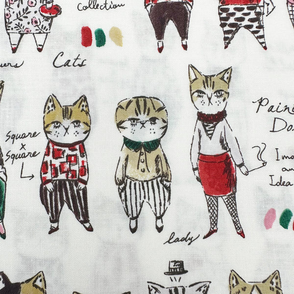 Close up of Rough Sketch Cat Cotton Fabric by Sobakasu-Kids for YUWA Fabrics featuring dapper cats wearing hats and ties on white Japanese cotton fabric
