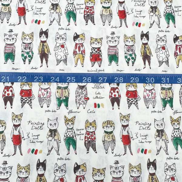 Scale of Rough Sketch Cat Cotton Fabric by Sobakasu-Kids for YUWA Fabrics featuring dapper cats wearing hats and ties on white Japanese cotton fabric