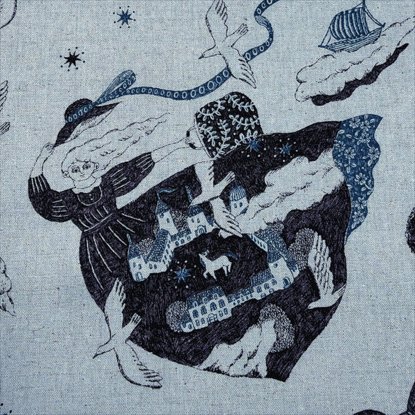 Close up of Sanae Sugimoto Vacation cotton linen fabric by Kokka in blue, EGX-9220 3D
