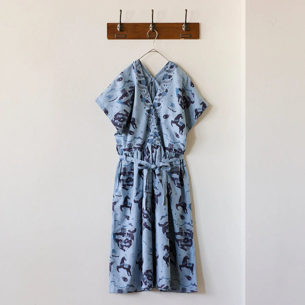 Dress made from Sanae Sugimoto Vacation cotton linen fabric by Kokka in blue, EGX-9220 3D