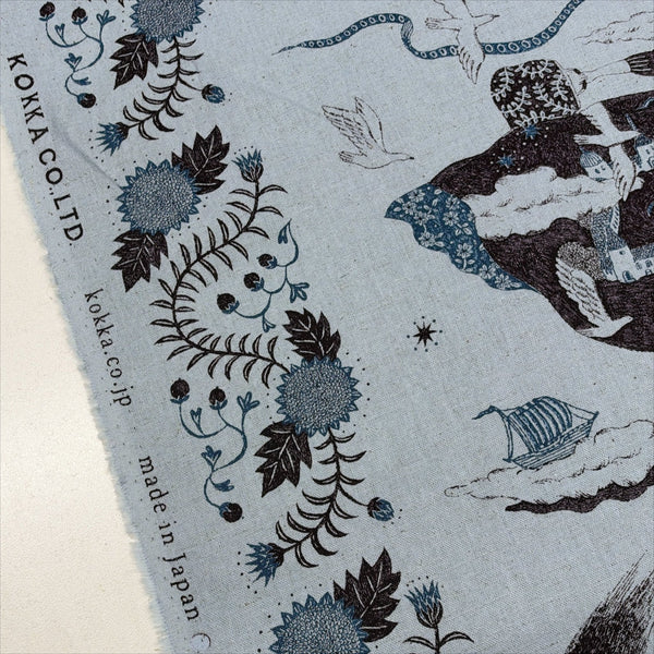 Selvage of Sanae Sugimoto Vacation cotton linen fabric by Kokka in blue, EGX-9220 3D