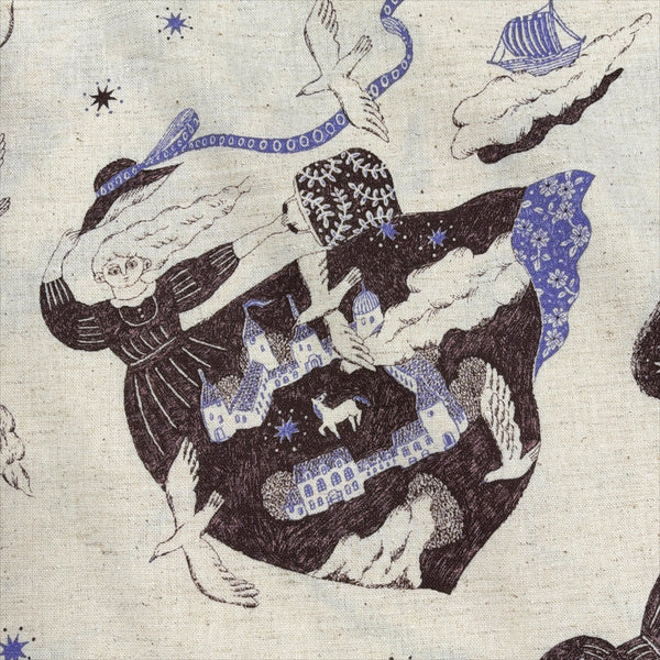 Close up of Sanae Sugimoto Vacation cotton linen fabric by Kokka in natural, EGX-9220 3C