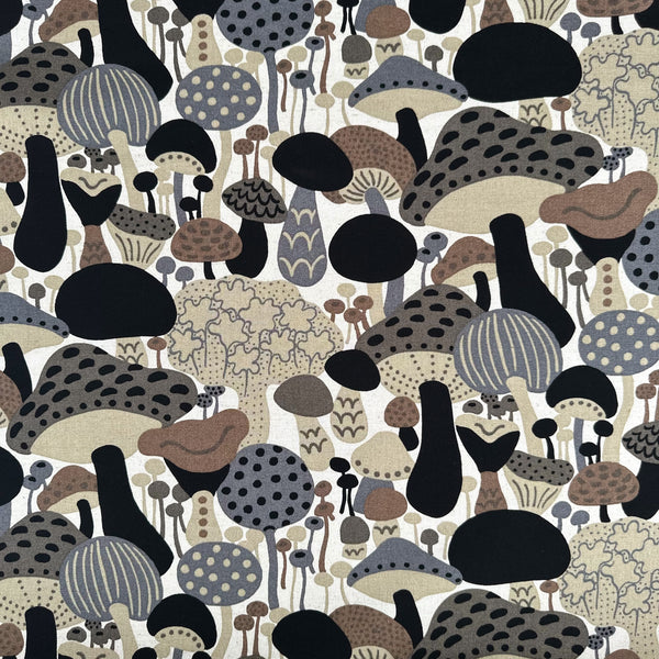 Scandi Mushrooms Cotton Linen Canvas Fabric by Cotton Kobayashi, style UP-9014 B, featuring Scandinavian mushrooms, in brown and gray, imported from Japan